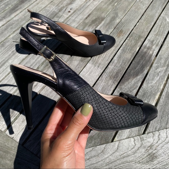 🖤 TANCA BLACK LEATHER BOW DETAIL ROUND TOE OPEN HEEL CLASSIC HEELS! - Picture 6 of 16